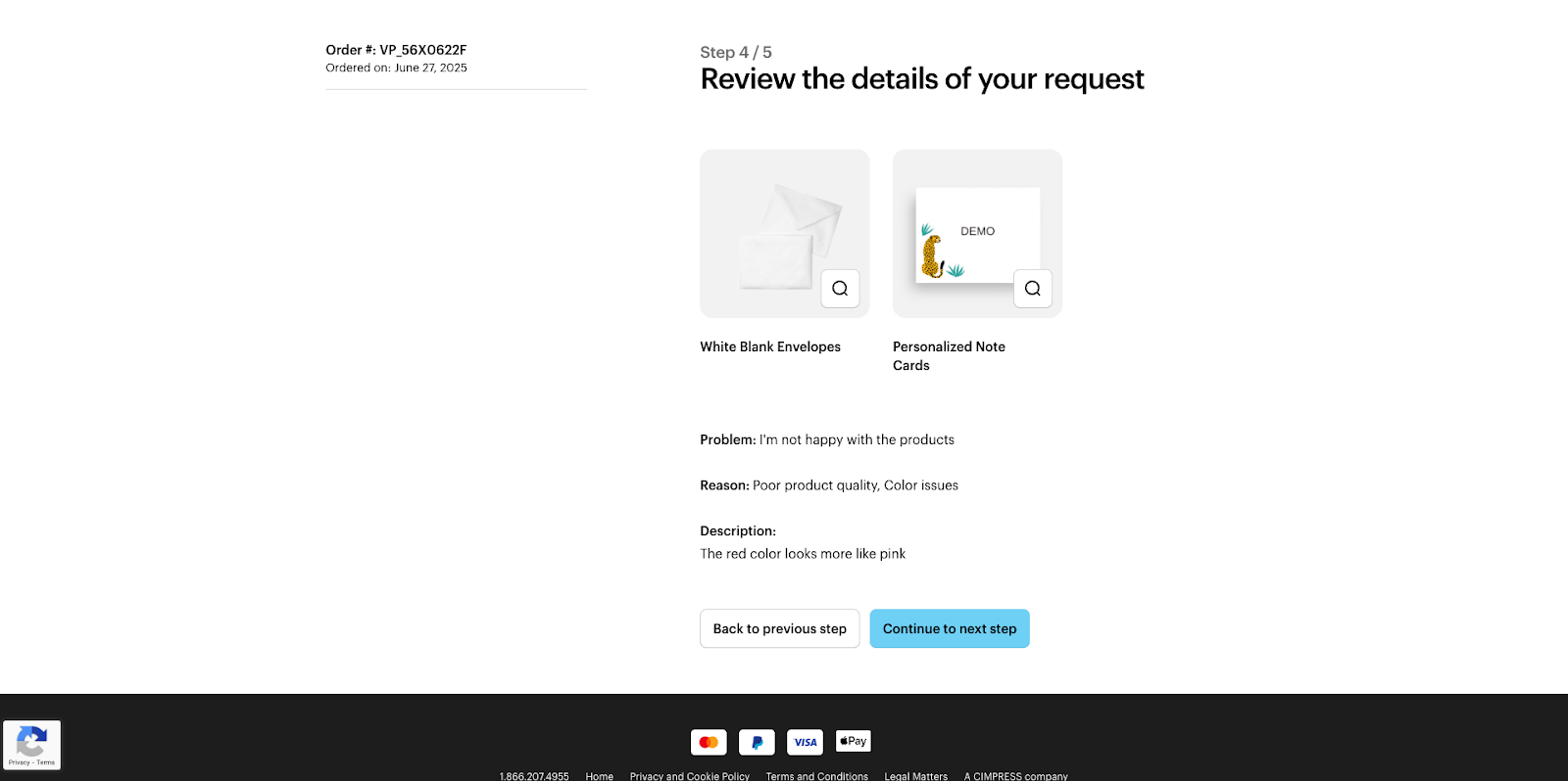 A screen with the prompt to ‘Review the details of your request’